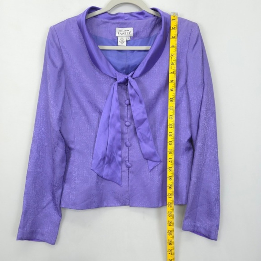 Adrianna Papell Silk Skirt Suit Set Purple Textured Tie Neck Career Wear VTG 90 - Picture 9 of 15